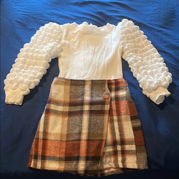 White Puff Sleeve Top with Plaid Skirt - Picture 1 of 2